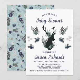 Rustik Hjort Head Blue Blommigt Modern Baby Shower Inbjudningar