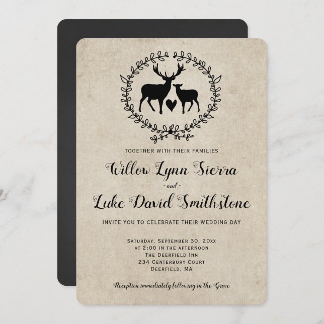 Rustik Hjort Hjärtkrans Kraft Bröllop Inbjudningar (Fram/baksida)