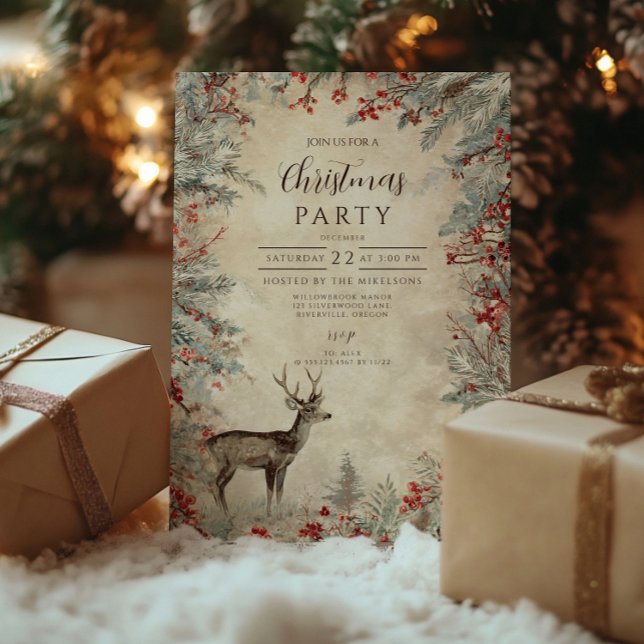 Rustik hjort tallbär julfest inbjudningar (Skapare uppladdad)