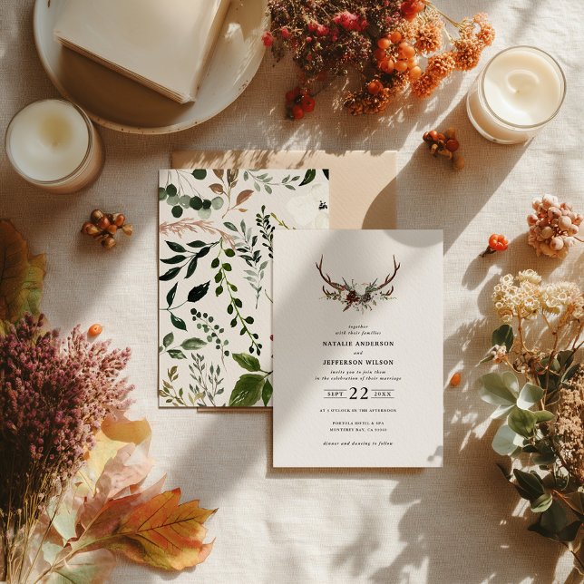 Rustik hjorthorn blomster bröllop boho skogslada inbjudningar (Skapare uppladdad)