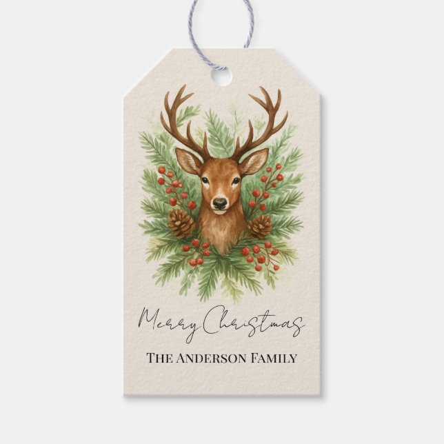 Rustik hjorthuvud från skogen med vintergrön veget presentetikett (Framsidan)