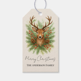 Rustik hjorthuvud från skogen med vinterlövverk - presentetikett