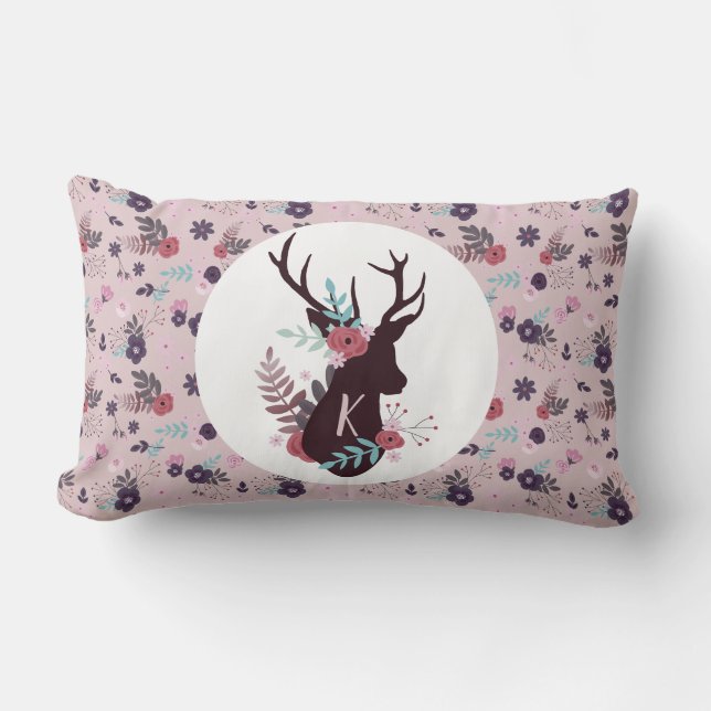 Rustik hjorthuvud Mauve Blommig Monogram Initial Lumbarkudde (Framsida)