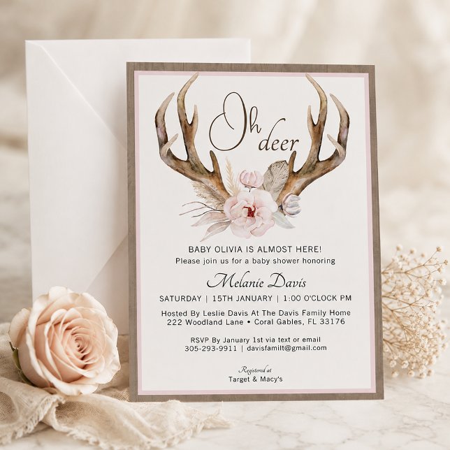 Rustik hjortkalv dop inbjudan (Rustic Antler Baby Shower Invitation)