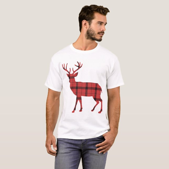 Rustik hjortsilhuett röd rutig rutmönster tee shirt (Hel framsida)