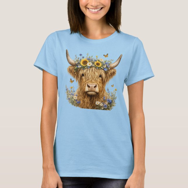 Rustik höglands ko blomster t shirt (Framsida)