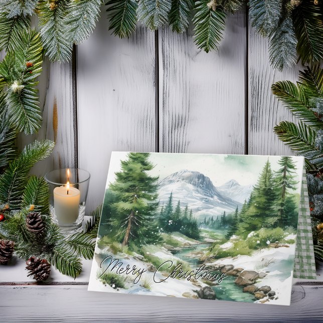 Rustik höglandsbergsscen God Jul Helgkort (Rustic Highlands Mountain Winter Snowy Scene "Merry Christmas" Folded Holiday Card)