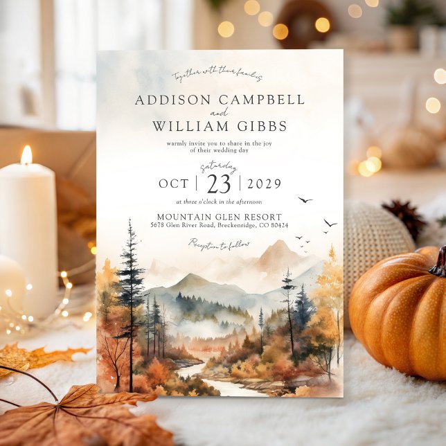 Rustik Höst Aquarell Berg Elegant Bröllop Inbjudningar (Rustic Fall Trees Watercolor Mountain Forest Landscape Scene Elegant Autumn Wedding Invitation)