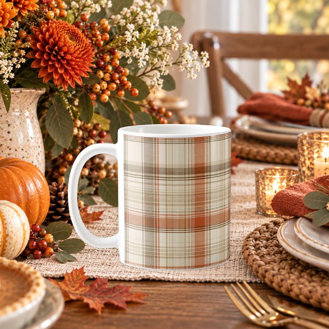 Rustik Höst Autumn Klassisk Rutig Rostbrun Krämbru Kaffemugg (Rustic Fall Autumn Classic Plaid Rust Cream Brown Coffee Mug)