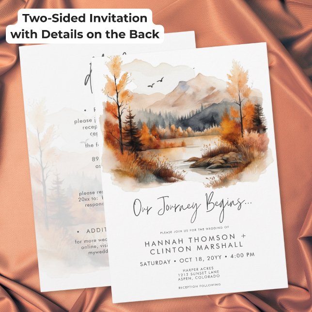 Rustik Höst Berg Vattenfärg Bröllop Tvåsidig Inbjudningar (Rustic Fall Mountain Watercolor Wedding Two Sided Invitation)