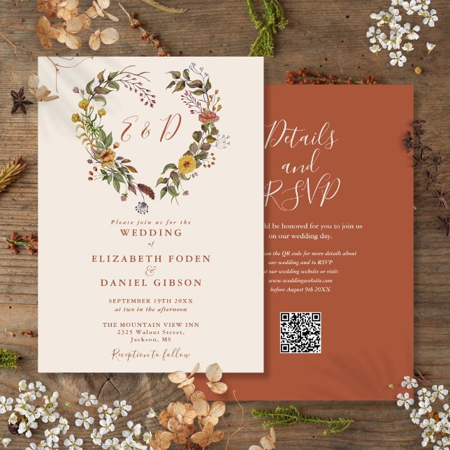 Rustik höst blomster QR-kod bröllop Inbjudningar (Rustic Autumn Fall Floral QR Code Wedding Invitation)