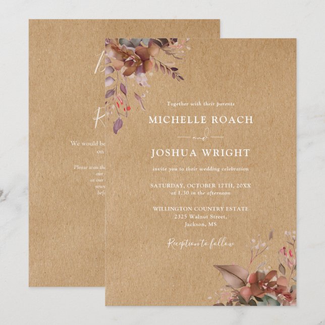 Rustik höst blomstermönster QR-kod bröllop Inbjudningar (Fram/baksida)