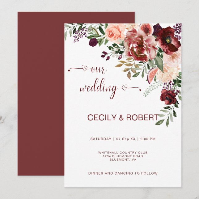 Rustik höst Boho akvarell blommor hjärta script Inbjudningar (Fram/baksida)