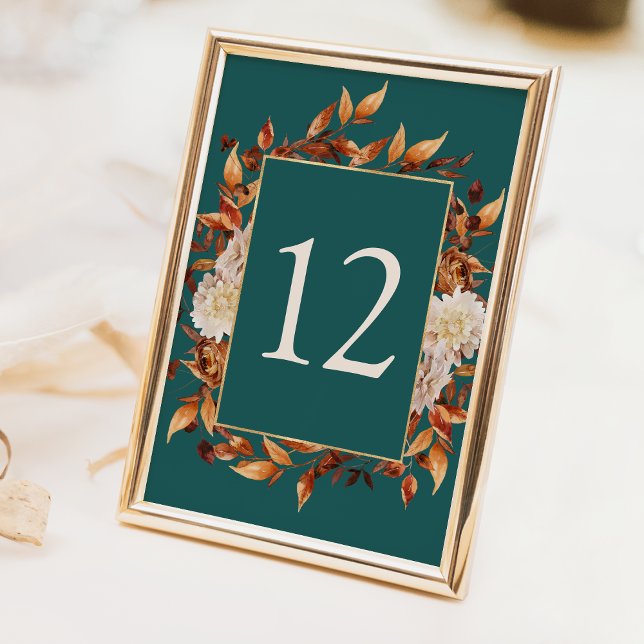 Rustik Höst Bordsnummer (Rustic Watercolor Copper Fall Leaves Teal Decor Table Number by Painted Paperie
)