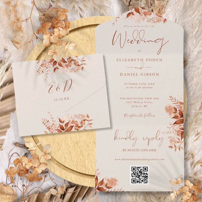 Rustik Höst Bröllops QR-kod Bröllop (Rustic Autumn Fall Floral QR Code Wedding All In One Invitation)