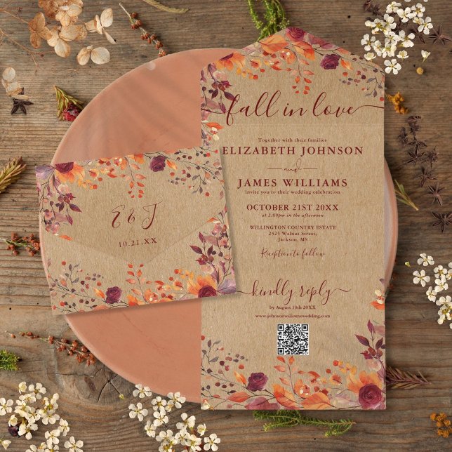 Rustik Höst Kärlek Höstblommor QR-kod Bröllop (Rustic Fall In Love Autumn Floral QR Code Wedding All In One Invitation)