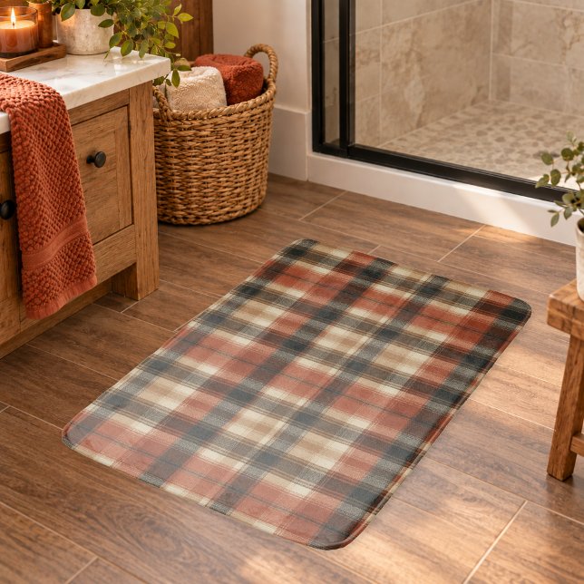 Rustik Höst Klassisk Rutig Rost Kräm Svart Badrumsmatta (Rustic Fall Autumn Classic Plaid Rust Cream Black Bath Mat)