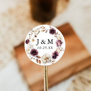 Rustik Höst Marsala Blommig Bröllopsmonogram Runt Klistermärke