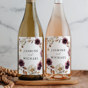 Rustik Höst Marsala Blommig Krans Bröllop Vinflaska Etikett