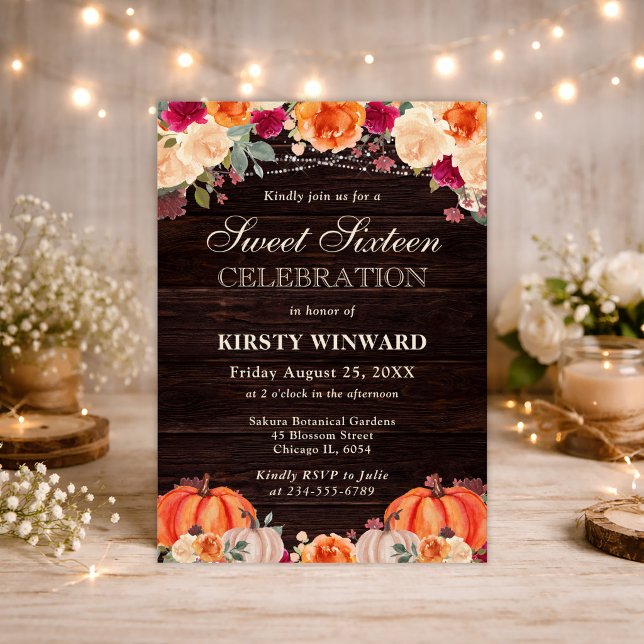 Rustik Höst Orange Pumpa Blommig Sweet Sixteen Inbjudningar (Skapare uppladdad)