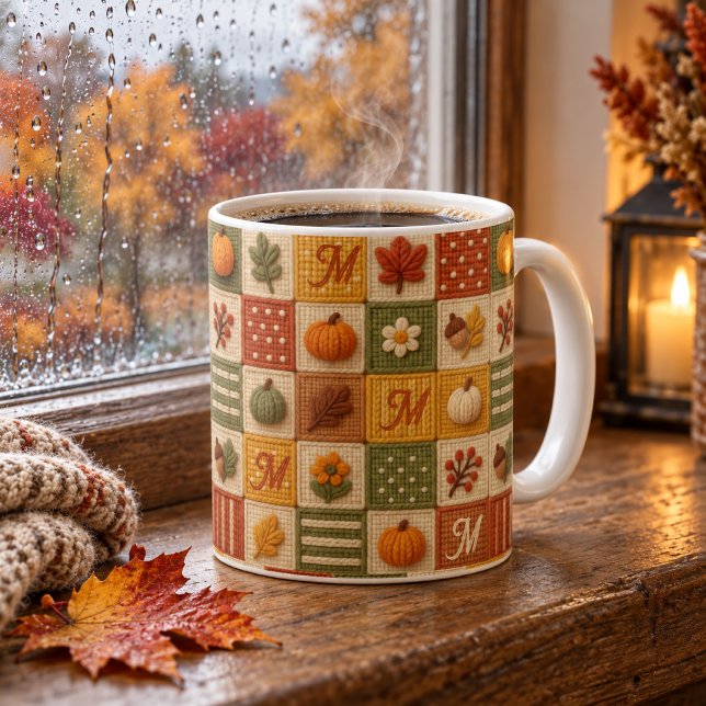 Rustik Höst Patchwork Pumpa Monogram Kaffemugg (Skapare uppladdad)