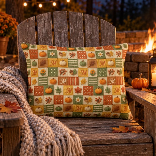 Rustik Höst Patchwork Pumpa Monogram Prydnadskudde (Skapare uppladdad)