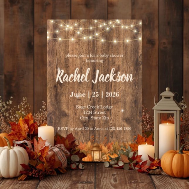 Rustik Höst Pumpalaternen Baby Shower Inbjudan (Cozy rustic fall baby shower invite with pumpkins, lanterns & autumn woodland charm.)