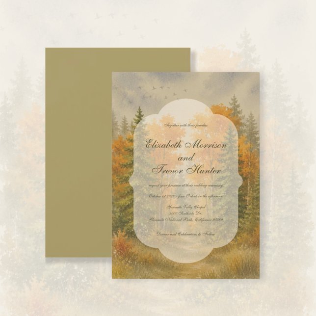 Rustik Höst Skog Vattenfärg Bröllop Inbjudningar (Fall Forest Pine Trees Landscape Watercolor Wedding.)