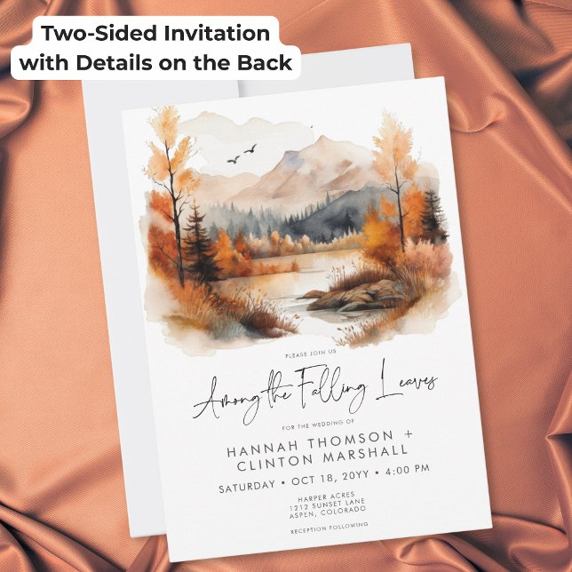 Rustik Höstberg Bröllop Bland Fallande Löv Inbjudningar (Rustic Fall Mountain Among Falling Leaves Wedding Invitation)