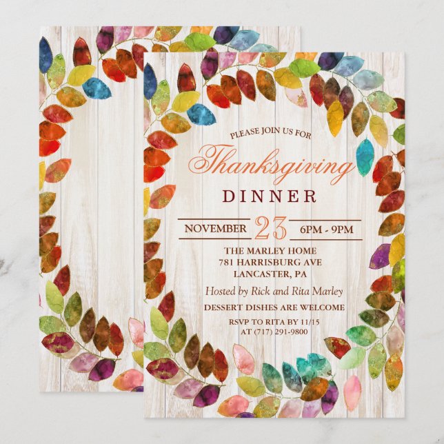 Rustik Höstblad Thanksgiving Middagsinbjudan Inbjudningar (Fram/baksida)