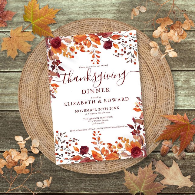Rustik höstblads- inbjudan till Thanksgiving (Rustic Fall Floral Pumpkin Thanksgiving Invitation)