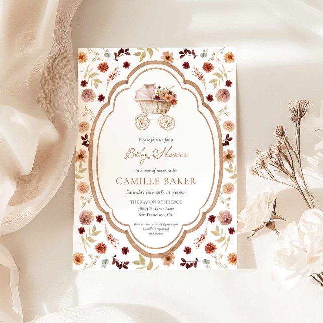 Rustik höstblomma Burgunderröd baby shower-inbjuda Inbjudningar (Rustic Watercolor Fall Floral Baby Shower Invitation )