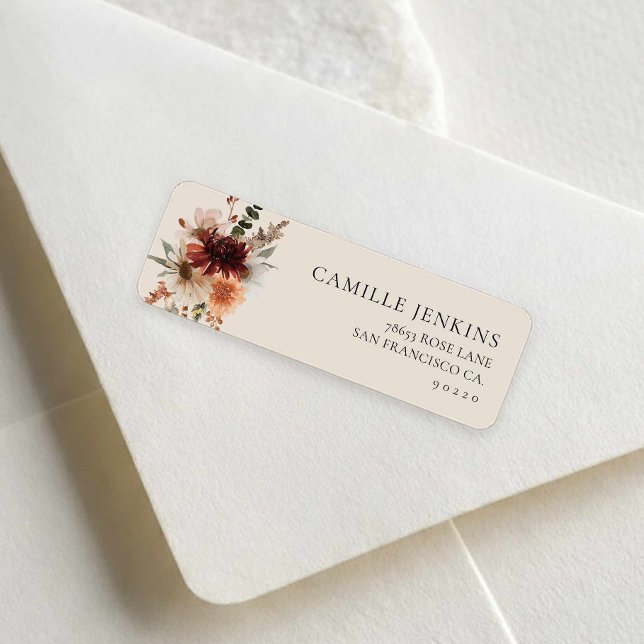 Rustik höstblommig bröllopsdusch returadress etikett (Fall Burgundy Floral Return Address Label)