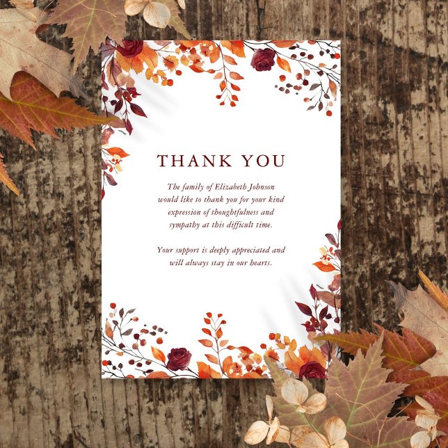 Rustik höstblommig firande av livets slutskede beg tack kort (Rustic Fall Floral Celebration Of Life Funeral Thank You Card)