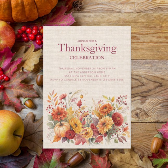 Rustik Höstblommig Linne Thanksgiving (Autumn floral Thanksgiving Dinner invitation)