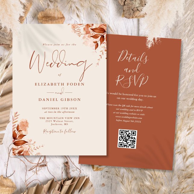 Rustik höstblommig QR-kod bröllop Inbjudningar (Rustic Autumn Fall Floral QR Code Wedding Invitation)