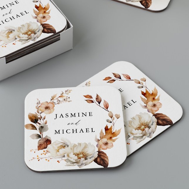 Rustik Höstblomsterkrans Bröllop Underlägg Papper Kvadrat (Skapare uppladdad)
