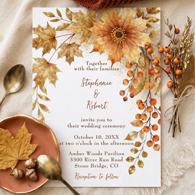 Rustik höstbröllop akvarell guld höstlöv inbjudningar (Skapare uppladdad)