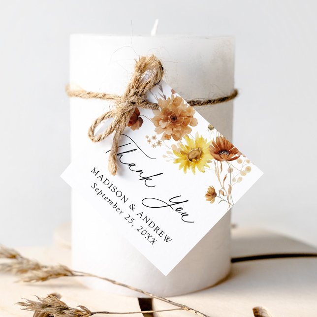 Rustik höstbröllop med solrosor och vilda blommor gåvor etiketter (Skapare uppladdad)