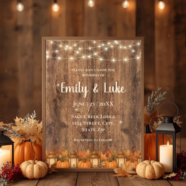 Rustik höstbröllopsinbjudan med strängljus inbjudningar (Rustic fall wedding invitation with string lights, pumpkins, lanterns, and cozy barn charm.)