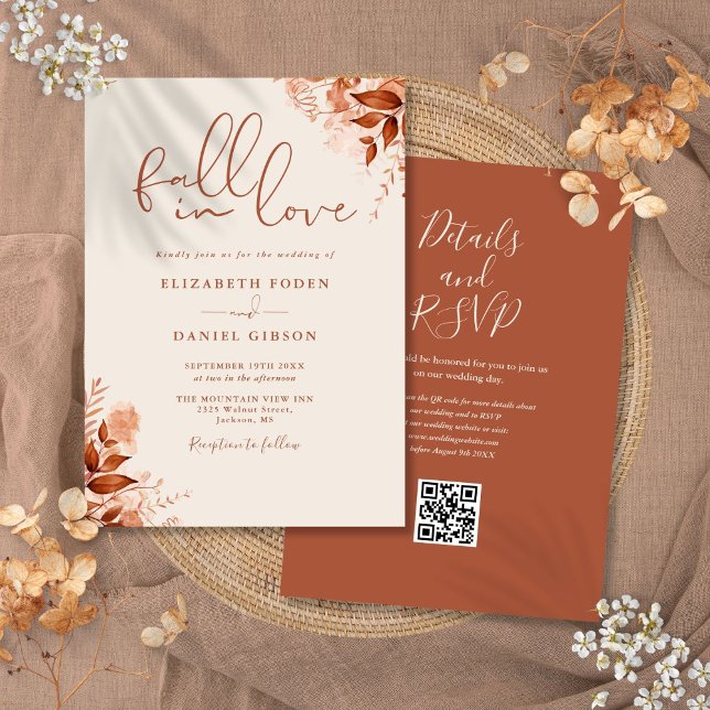 Rustik höstfälla Blommigt QR-kod Bröllop Inbjudningar (Rustic Autumn Fall Floral QR Code Wedding Invitation)