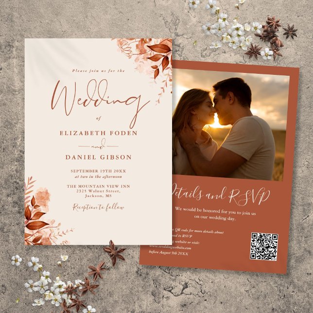 Rustik höstfälla Blommigt QR-kod Foto Bröllop Inbjudningar (Rustic Autumn Fall Floral QR Code Photo Wedding Invitation)