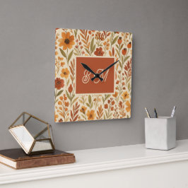 Rustik höstfallsviber och Blommigt Monogram Fyrkantig Klocka