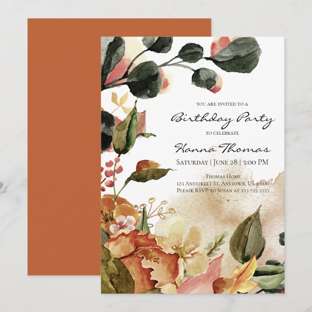 Rustik höstfärgad Blommigt, vattenfärgseg födelsed Inbjudningar (Fram/baksida)