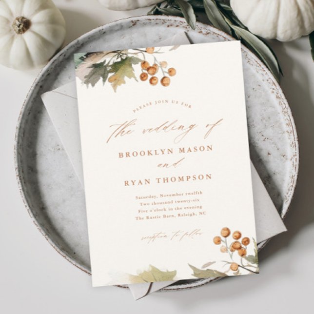 Rustik Höstgrönska Blad Löv Bröllop Inbjudningar (An elegant and rustic fall wedding invitation with watercolor greenery leaves and foliage.)