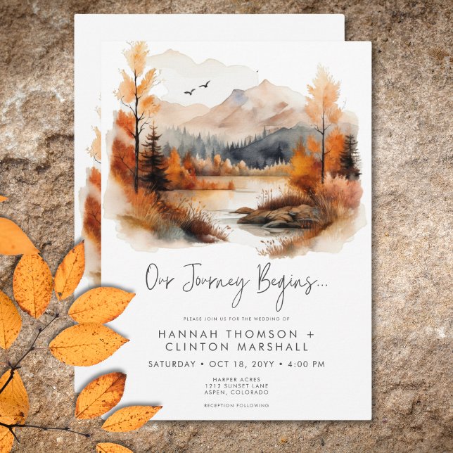Rustik höstlig bergsscen Vattenfärg Bröllop Inbjudningar (Rustic Fall Mountain Scene Watercolor Wedding Invitation)