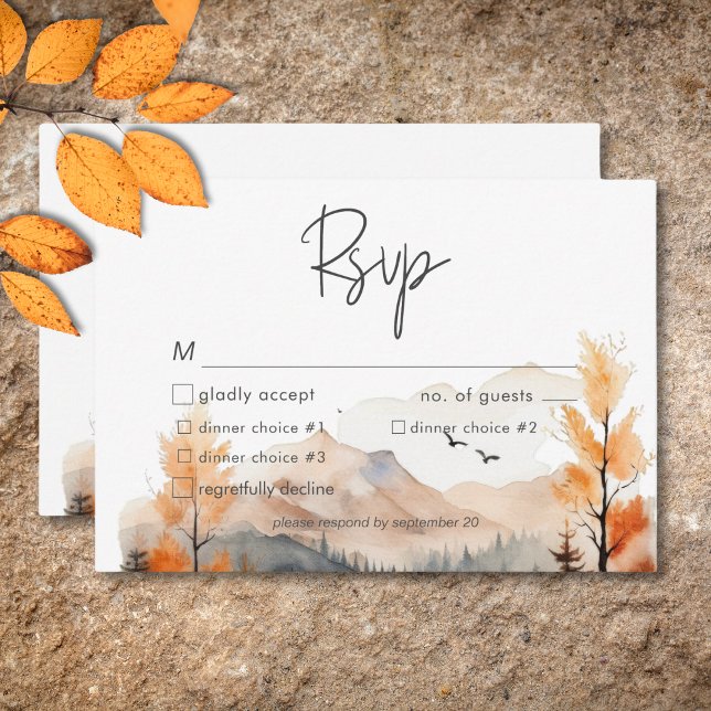 Rustik höstlig bergsscen Vattenfärg Middag OSA Kort (Rustic Fall Mountain Scene Watercolor Dinner RSVP Card)