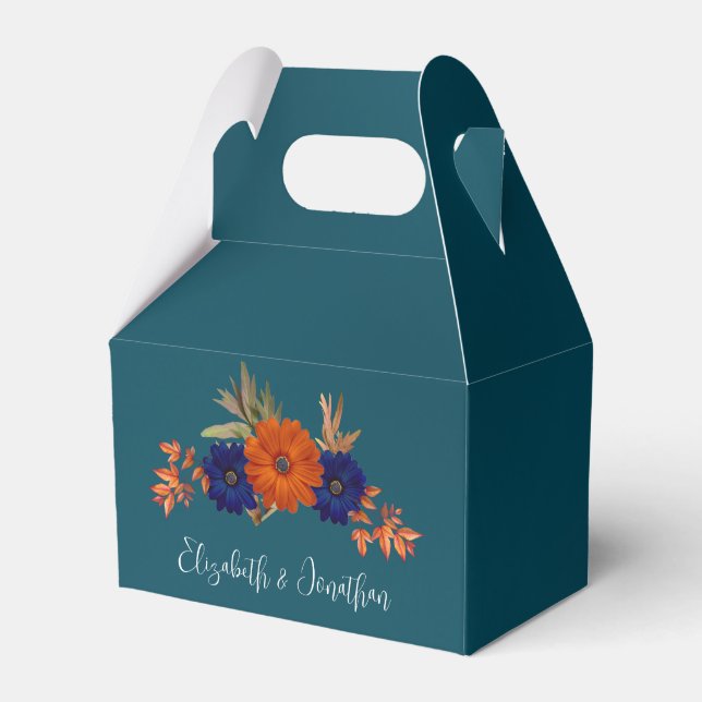 Rustik höstlig orange marinblå blomsterbröllop presentaskar (Framsidan Sidan)
