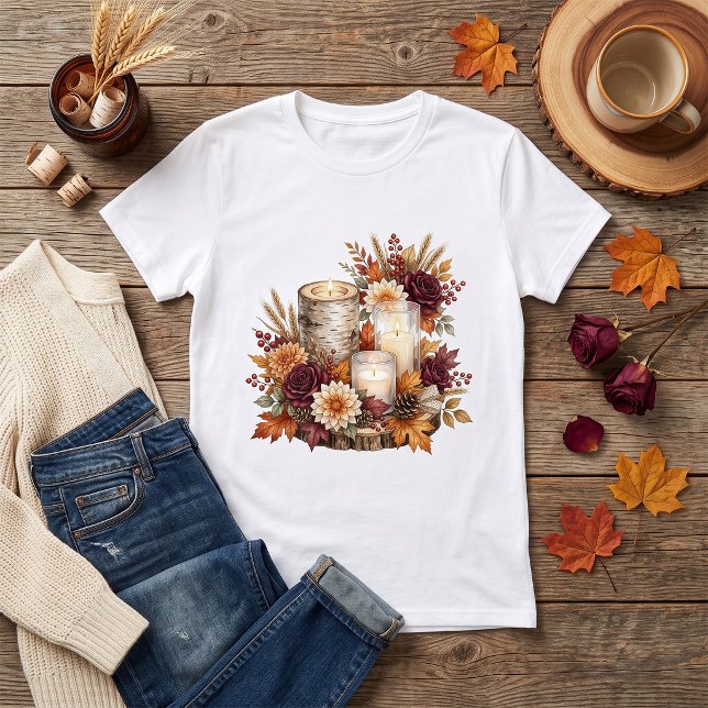 Rustik Höstljusstake Blommig Dekoration T Shirt (Skapare uppladdad)