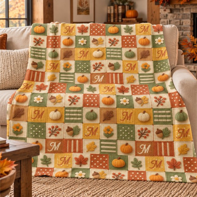 Rustik Höstpatchwork Pumpa Monogram Fleecefilt (Skapare uppladdad)